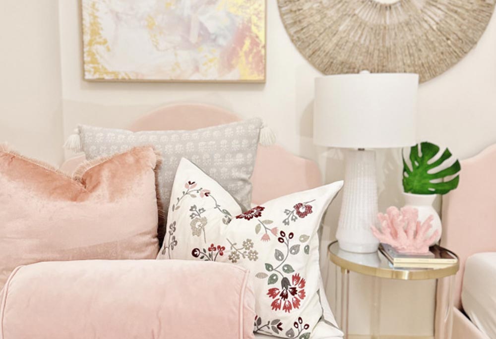 Casa Cova living room with blush sofa and coastal styling, South Padre Island