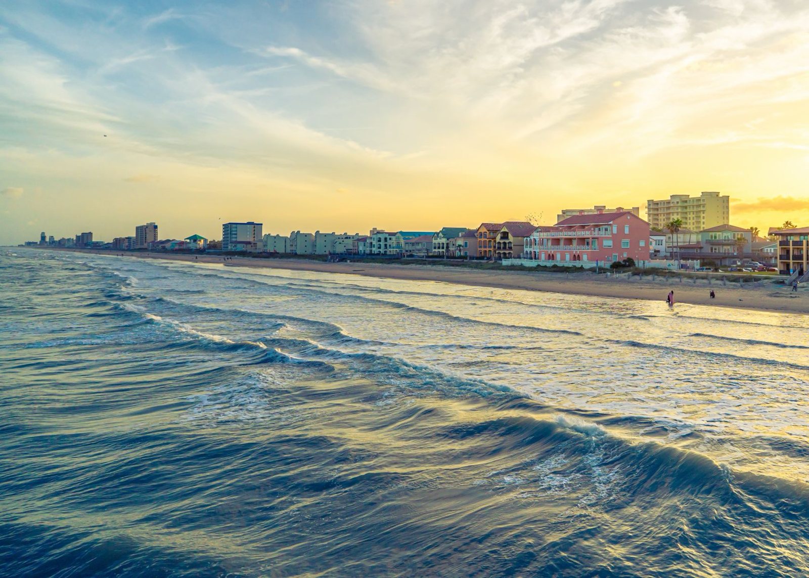 South Padre Island shoreline and beachfront homes at sunset, Texas Gulf Coast