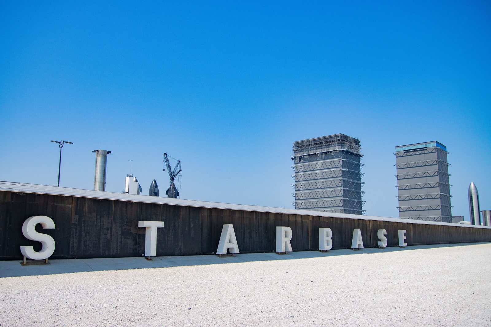 The SpaceX Starbase sign and integration towers at Boca Chica, near South Padre Island